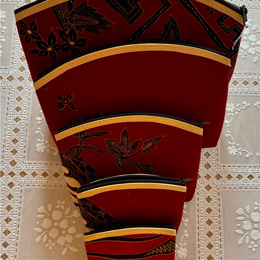 Set of Red Batik Zip Pouches with Yellow Trim